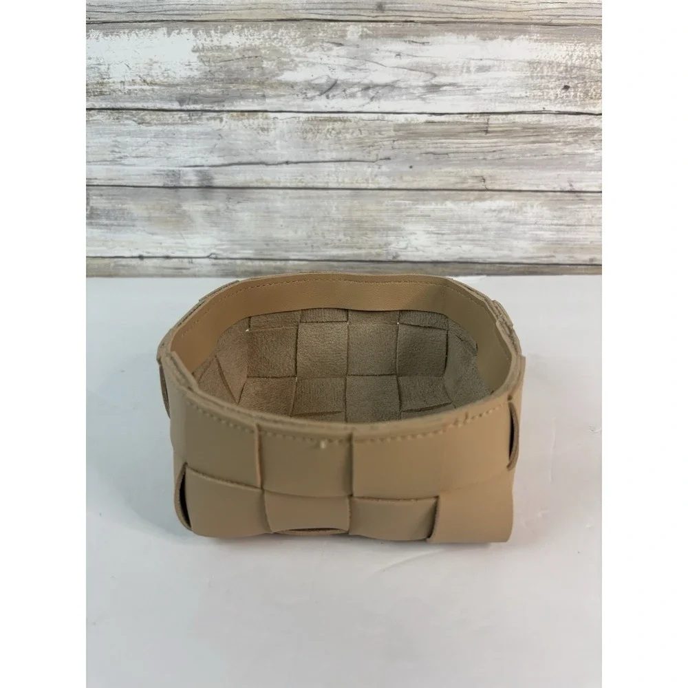 Small Beige Faux Leather Rectangular Woven Basket Home Décor